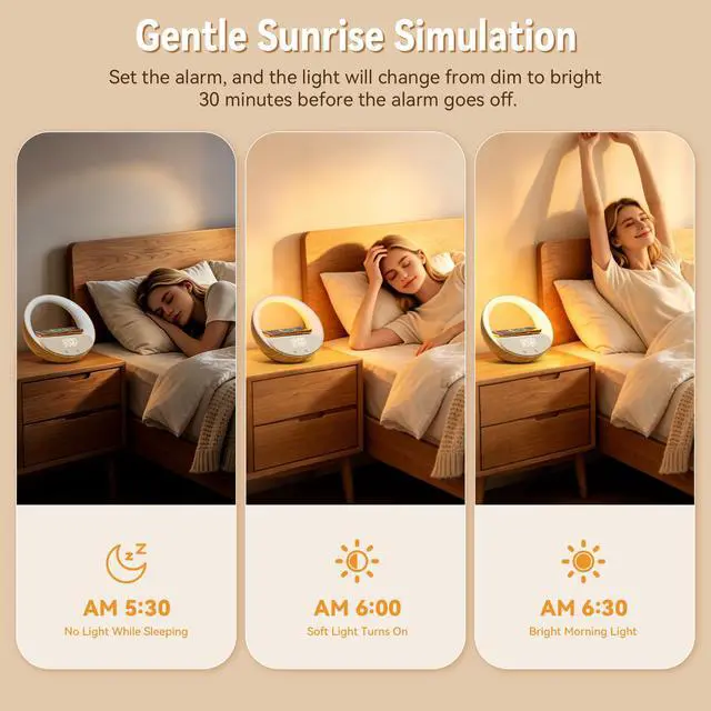 Alt view image 2 of 6 - Bluetooth Alarm Clock, Sunrise Simulation Wake Up Night Light, 15W Fast Wireless Charging Alarm Clock for Bedroom, 10W Bluetooth Stereo Sound Speaker, USB Charger Port