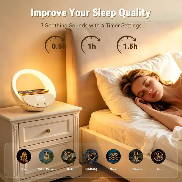 Alt view image 3 of 6 - Bluetooth Alarm Clock, Sunrise Simulation Wake Up Night Light, 15W Fast Wireless Charging Alarm Clock for Bedroom, 10W Bluetooth Stereo Sound Speaker, USB Charger Port