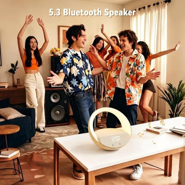 Alt view image 4 of 6 - Bluetooth Alarm Clock, Sunrise Simulation Wake Up Night Light, 15W Fast Wireless Charging Alarm Clock for Bedroom, 10W Bluetooth Stereo Sound Speaker, USB Charger Port