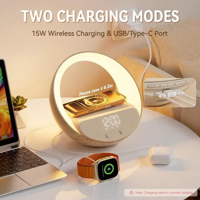 Alt view image 5 of 6 - Bluetooth Alarm Clock, Sunrise Simulation Wake Up Night Light, 15W Fast Wireless Charging Alarm Clock for Bedroom, 10W Bluetooth Stereo Sound Speaker, USB Charger Port