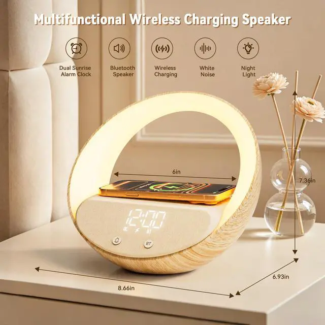 Alt view image 6 of 6 - Bluetooth Alarm Clock, Sunrise Simulation Wake Up Night Light, 15W Fast Wireless Charging Alarm Clock for Bedroom, 10W Bluetooth Stereo Sound Speaker, USB Charger Port