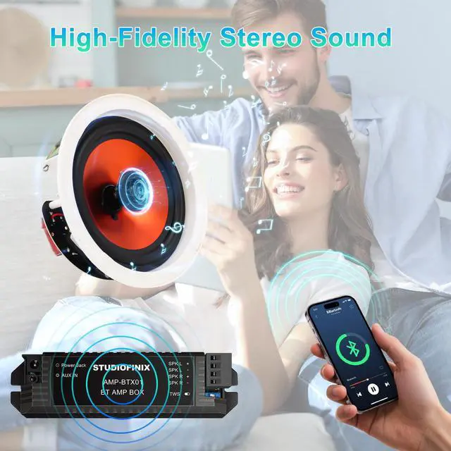 Alt view image 4 of 6 - 4-Inch Bluetooth Ceiling Speaker Complete System with A 2-Channel Amplifier, 240W Max Power Output Pair - Perfect for Clear Sound in Living Room, Office, Kitchen, Basement & Covered Patio