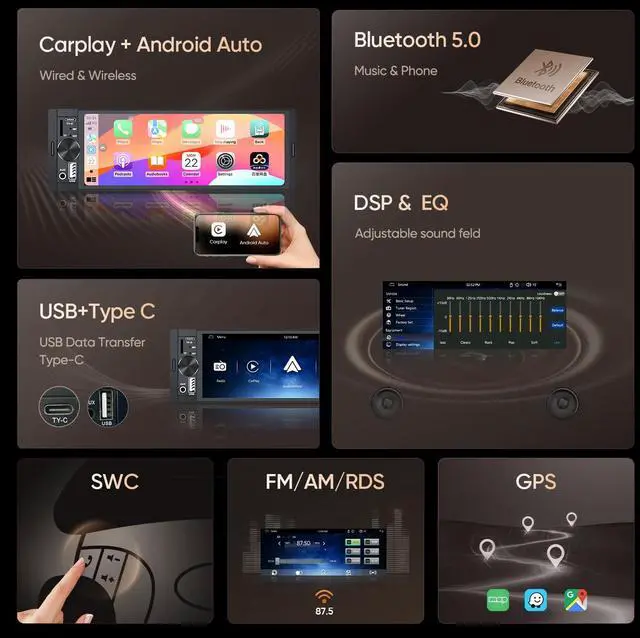 Alt view image 3 of 5 - Single Din Car Stereo Radio Upgrade with CarPlay & Android Auto/6.36 Inch HD Touch Screen/Bluetooth/USB Type-C/SWC/EQ/FM Radio/External Mic