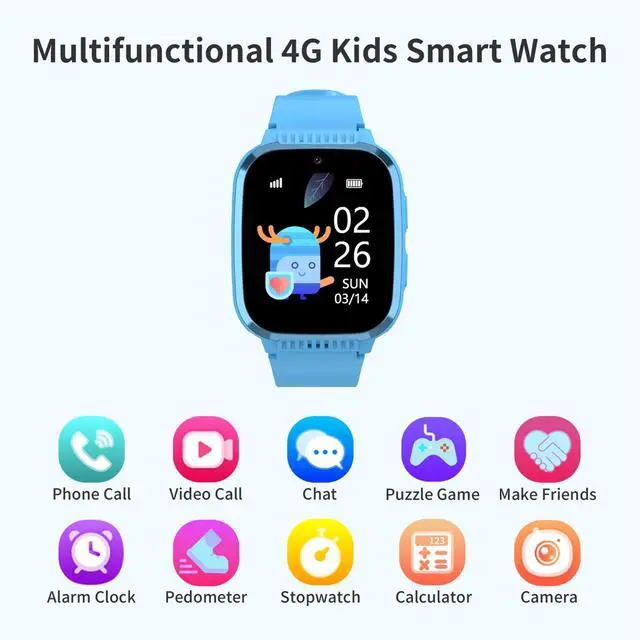Alt view image 2 of 6 - 4G Kids Smart Watch Boys with GPS Tracker & Call Phone, Watches for Kids Age 5-12 with SOS Calling, School Mode Parental Controls 12/24 Hr Text Message HD Video Call Voice Chat (Light Blue)