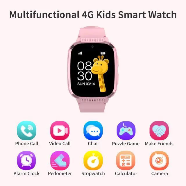 Alt view image 2 of 6 - 4G Kids Smart Watches Girls with GPS Tracker & Call Phone, Kids Watch for Girls Age 5-12 with SOS Calling, School Mode Parental Controls 12/24 Hr Text Message HD Video Call Voice Chat (Pink)