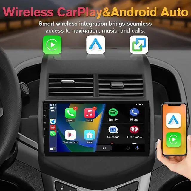 Alt view image 2 of 6 - Car Stereo for Chevy Aveo Sonic 2011 2012 2013 2014 2015, 9 Inch Touchscreen Android Head Unit, Wireless CarPlay & Wired Android Auto, Backup Camera, GPS, Bluetooth, FM/AM - 2GB RAM+64GB ROM