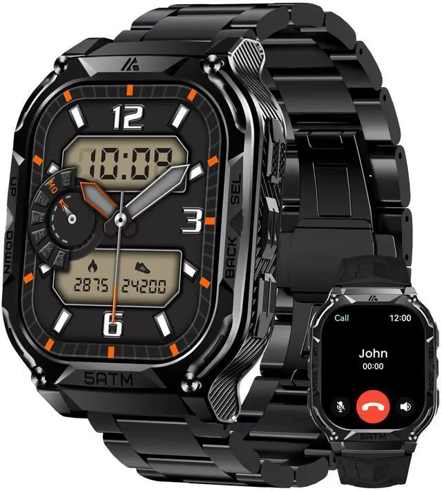 Main image of Smart Watch with GPS - Rugged Outdoor Fitness Watch, 170+ Sports Modes, 5 ATM Waterproof, 1.96" AMOLED, Answer/Make Calls, Android & iOS Compatible (2 Straps)