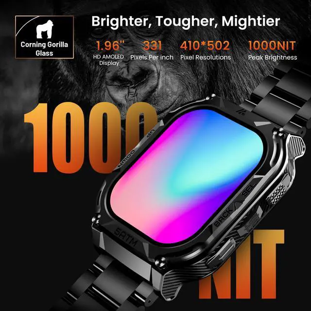 Alt view image 6 of 6 - Smart Watch with GPS - Rugged Outdoor Fitness Watch, 170+ Sports Modes, 5 ATM Waterproof, 1.96" AMOLED, Answer/Make Calls, Android & iOS Compatible (2 Straps)