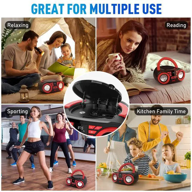 Alt view image 4 of 6 - CD Player Portable, CD Players for Home, Portable CD Player, 50W Max Power, Bluetooth, USB, AUX, AM/FM Radio, Top-Loading, Includes AC/DC Power Cord, LED Display, 3+ Hr Battery Life