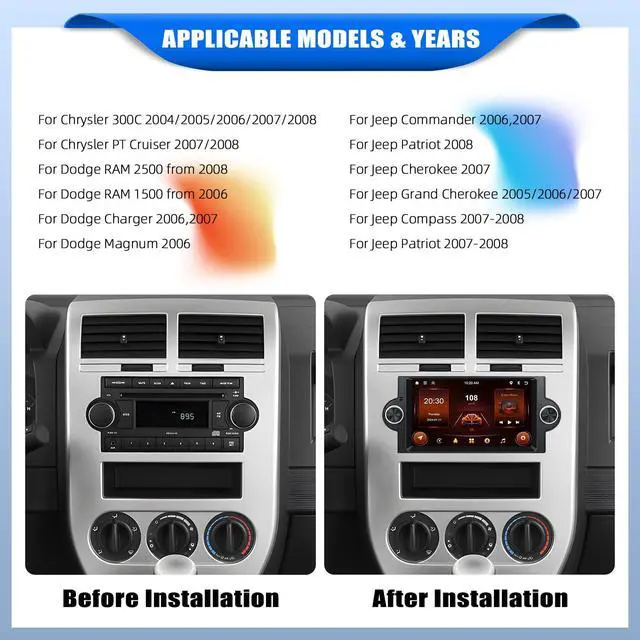 Alt view image 2 of 6 - 2+64G Car Stereo for Dodge Ram 1500/2500/3500 2006-2008,Dodge Durango 2005-2008,Chrysler 300 Touring/300C/300M 2005-2007,Jeep Grand Cherokee 2005-2009 with Carplay,6.2" Radio with BT FM/RDS WiFi GPS