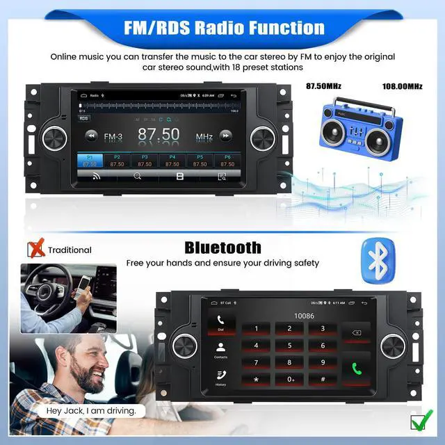 Alt view image 4 of 6 - 2+64G Car Stereo for Dodge Ram 1500/2500/3500 2006-2008,Dodge Durango 2005-2008,Chrysler 300 Touring/300C/300M 2005-2007,Jeep Grand Cherokee 2005-2009 with Carplay,6.2" Radio with BT FM/RDS WiFi GPS