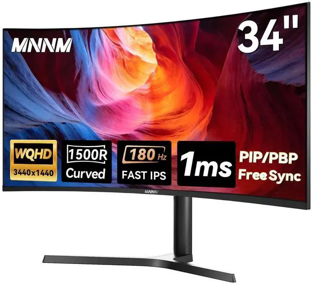 Main image of 34 Inch Ultrawide Gaming Monitor - 21:9 WQHD 3440 x 1440 R1500 Curved Computer Monitor for Gamer, 180Hz,1ms, AMD FreeSync, PIP/PBP, Crosshair, TÜV Eye Care, HDMI 2.0 & DP1.4, Tilt/Height/Swivel Stand
