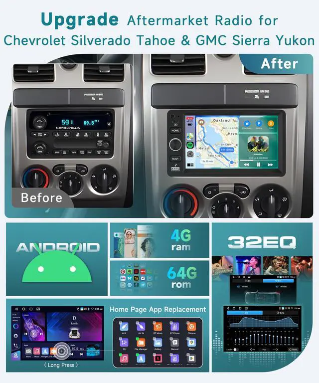 Alt view image 5 of 6 - 4G+64G Android 15 Car Radio Stereo for Chevy Chevrolet Silverado Tahoe SSR 03-06, GMC Sierra Yukon,Hummer H2 H3, 7'' Touchscreen with Wireless CarPlay Android Auto Backup Camera,GPS BT FM RDS Radio