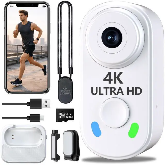 Main image of 4K Mini Body Camera with 128GB Card,Thumb Action Cam with WiFi, 150° Wearable Hands-Free Chest Recording POV Camera - Magnetic Personal Clip On Camcorder for Cycling/Travel/Outoor/Work (White)