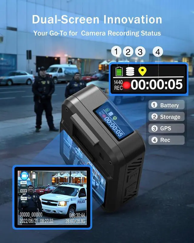Alt view image 2 of 6 - F2 256GB Body Camera with Dual-Screen, GPS Body Worn Camera, 2K Body Cam with Intuitive Large Button for HD Video Security Guard, Enforcement Officers, Drivers, Delivery Recording(256GB)