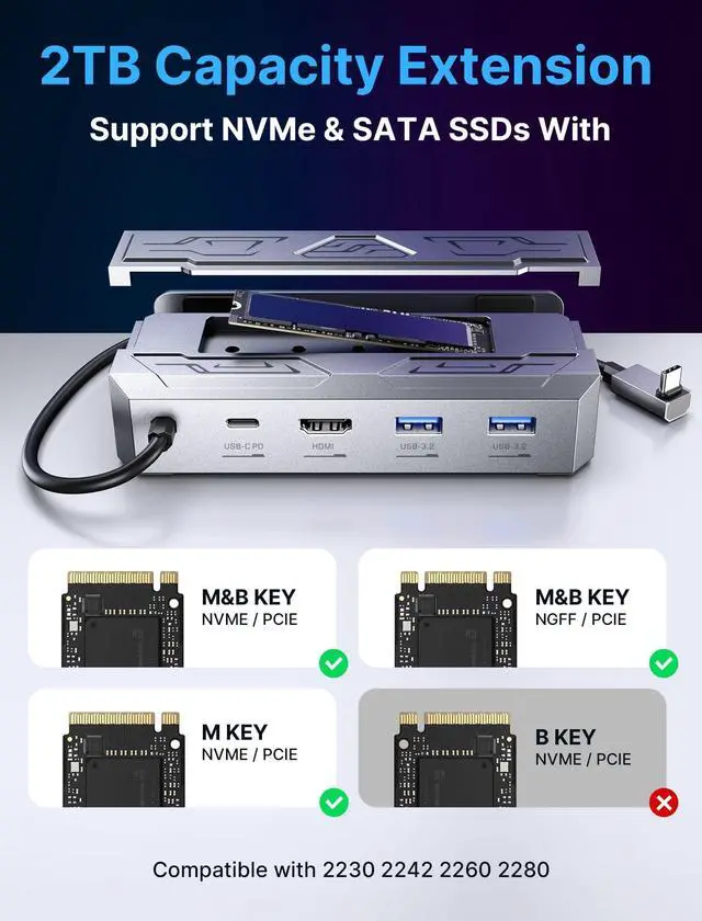 Alt view image 3 of 6 - Steam Deck Dock with 100W Charger, 6-in-1 M.2 Docking Station for Steam Deck/ROG Ally, 4K@60Hz HDMI, Gigabit Ethernet, PD 100W, 10Gbps USB A&C 3.2, M.2 Slot (Up to 2TB)-HB0604 (SSD Not Included)