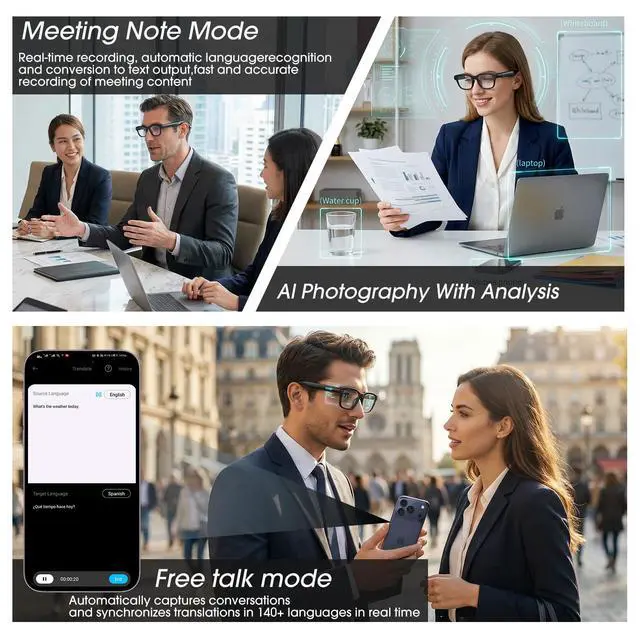 Alt view image 3 of 6 - Ai Smart Glasses with Camera, 4K 8MP HD Photo and Video Recording with Real-Time Translation/Object Recognition/AI Voice Q&A/Recording, Calls and Music, UV & Blue Light Protection, Photochromic lens