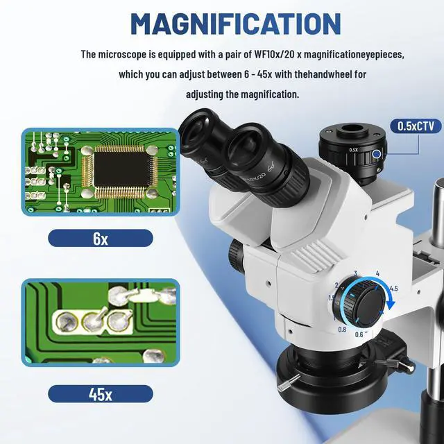 Alt view image 3 of 6 - Professional Trinocular Stereo Zoom Microscope,with 56-Bulb LED Ring Light,6X-45X Magnification,WF10X Eyepieces,0.6X-4.5X Zoom Objective, 0.5X CTV Trinocular High Definition Adapter