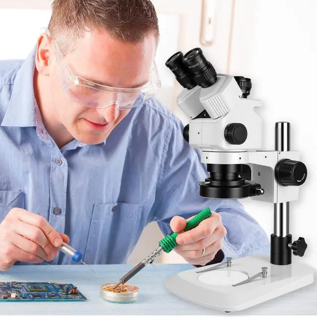 Alt view image 5 of 6 - Professional Trinocular Stereo Zoom Microscope,with 56-Bulb LED Ring Light,6X-45X Magnification,WF10X Eyepieces,0.6X-4.5X Zoom Objective, 0.5X CTV Trinocular High Definition Adapter