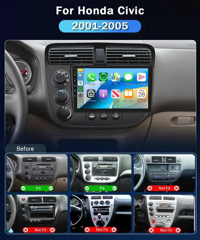 Alt view image 2 of 6 - 2+64G for Honda Civic 2001-2005 Car Radio Android 13 Wireless Carplay/Android Auto Car Stereo 9Inch Touch Screen GPS Navigation WiFi Bluetooth FM/RDS Mirror Link SWC Backup Camera