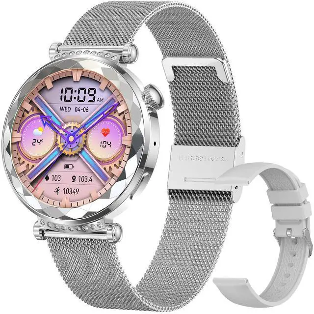 Main image of Smart Watch for Women, Fitness Tracker for Android/iOS, 1.19" AMOLED Screen Smartwatches with Female Cycle, Heart Rate, Sleep Monitor, Activity Tracking (2 Watch Bands) (Silver)