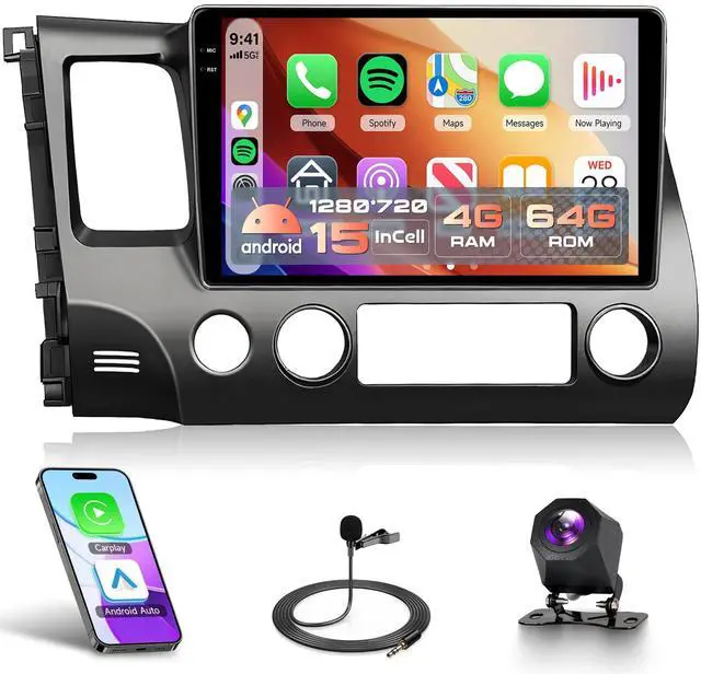 Main image of 4G 64G Android Car Stereo for Honda Civic 2006-2011, Wireless CarPlay & Android Auto, 5GHz WiFi GPS, 10.1'' Touchscreen, Bluetooth/FM/RDS, EQ, SWC + AHD Backup Camera
