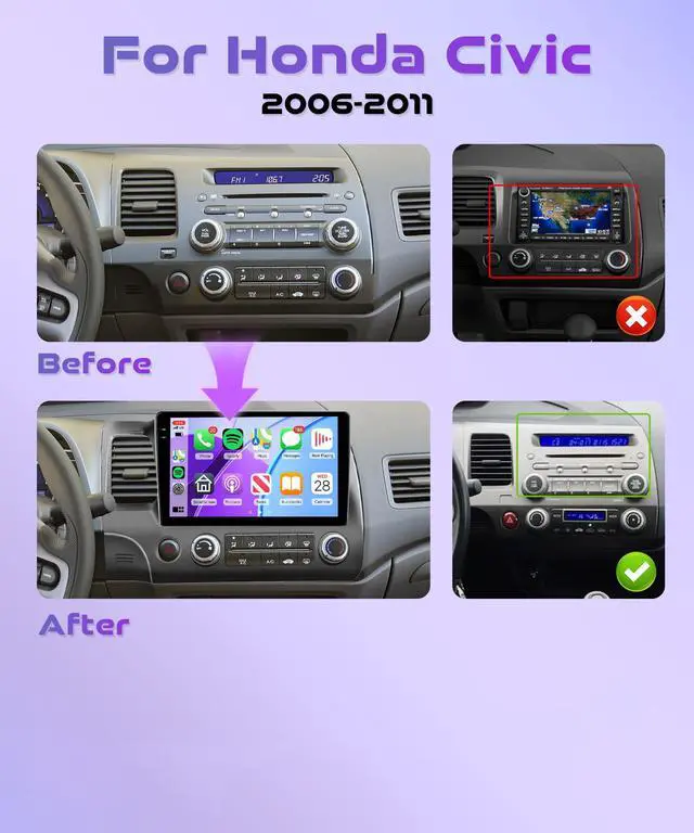 Alt view image 2 of 6 - 4G 64G Android Car Stereo for Honda Civic 2006-2011, Wireless CarPlay & Android Auto, 5GHz WiFi GPS, 10.1'' Touchscreen, Bluetooth/FM/RDS, EQ, SWC + AHD Backup Camera