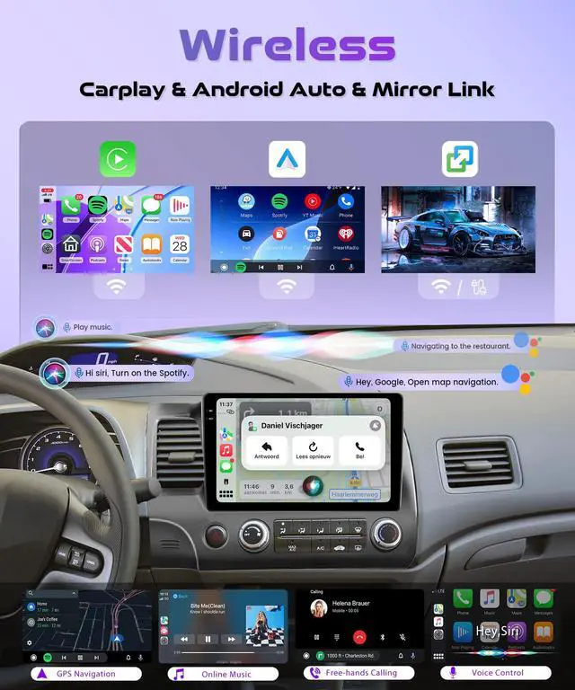 Alt view image 3 of 6 - 4G 64G Android Car Stereo for Honda Civic 2006-2011, Wireless CarPlay & Android Auto, 5GHz WiFi GPS, 10.1'' Touchscreen, Bluetooth/FM/RDS, EQ, SWC + AHD Backup Camera