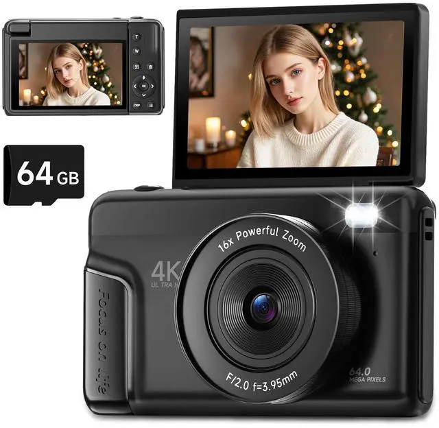 Main image of 4K Digital Camera for Photography and Vlogging, 64MP Autofocus Digital Camera for YouTube with 3" 180° Flip Screen, 16X Zoom Compact Point and Shoot Camera with 64GB SD Card for Beginner Travel, Black