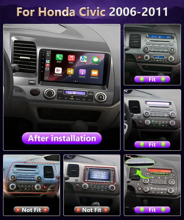 Alt view image 2 of 6 - 8Core Car Stereo for Honda Civic 2006 to 2011 Radio Apple CarPlay Android Auto, 9IN IPS Touch Screen for Civic Car Play Player 5G WiFi BT GPS Navi FM RDS DSP HiFi AHD Camera SWC Support Airbag