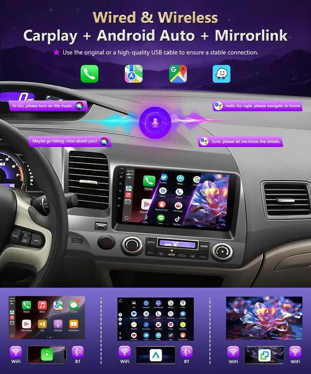 Alt view image 4 of 6 - 8Core Car Stereo for Honda Civic 2006 to 2011 Radio Apple CarPlay Android Auto, 9IN IPS Touch Screen for Civic Car Play Player 5G WiFi BT GPS Navi FM RDS DSP HiFi AHD Camera SWC Support Airbag