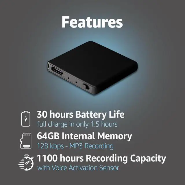Alt view image 4 of 6 - Voice Activated Recorder with Playback 64GB Storage, 1100 Hours of Audio Recording, Slim & Portable for Meetings, Interviews & Classes, Easy Notetaker - TileREC- Dark Grey- by Atto Digital
