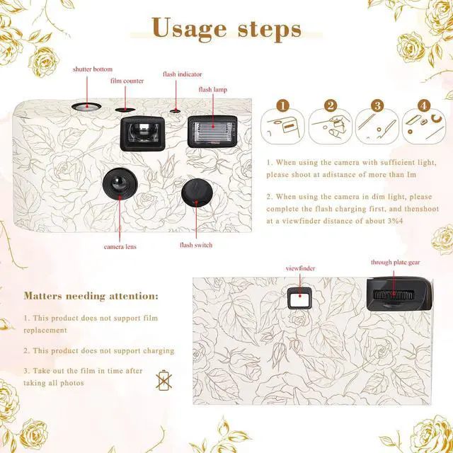 Alt view image 3 of 6 - 5 Pcs Disposable Camera for Wedding Bulk, Color Film Single Use Camera Bulk with Flash 35 mm One Time for Gathering Wedding Travel Anniversary Honeymoon(Rose)