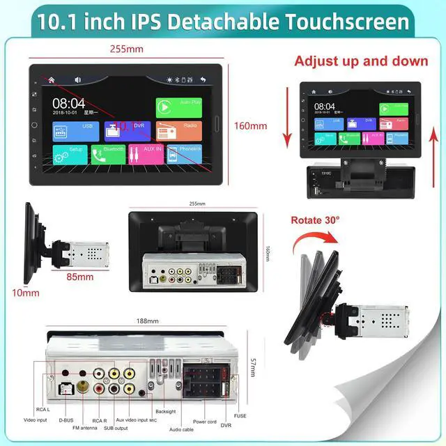 Alt view image 6 of 6 - 10 inch Detachable Single Din Car Stereo with Apple CarPlay and Android Auto, 10.1 Touch Screen 1 Din Radio with Mirror Link/1080P/EQ Audio/SWC/Bluetooth +Backup Camera+MIC
