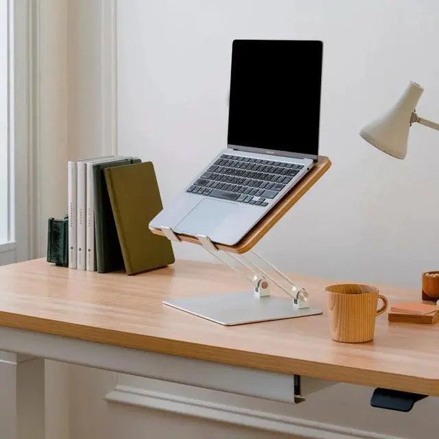 Alt view image 2 of 6 - Adjustable Laptop Stand - Portable Wooden Laptop Riser with Customizable Height & Angle - Foldable - Secure Silicon Grips for Home or Office - Woodgrain