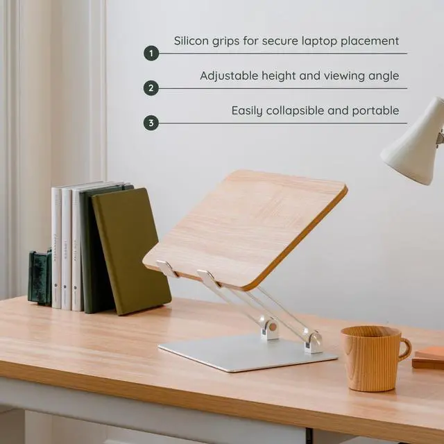 Alt view image 4 of 6 - Adjustable Laptop Stand - Portable Wooden Laptop Riser with Customizable Height & Angle - Foldable - Secure Silicon Grips for Home or Office - Woodgrain