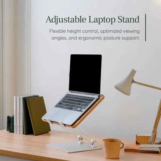 Alt view image 5 of 6 - Adjustable Laptop Stand - Portable Wooden Laptop Riser with Customizable Height & Angle - Foldable - Secure Silicon Grips for Home or Office - Woodgrain