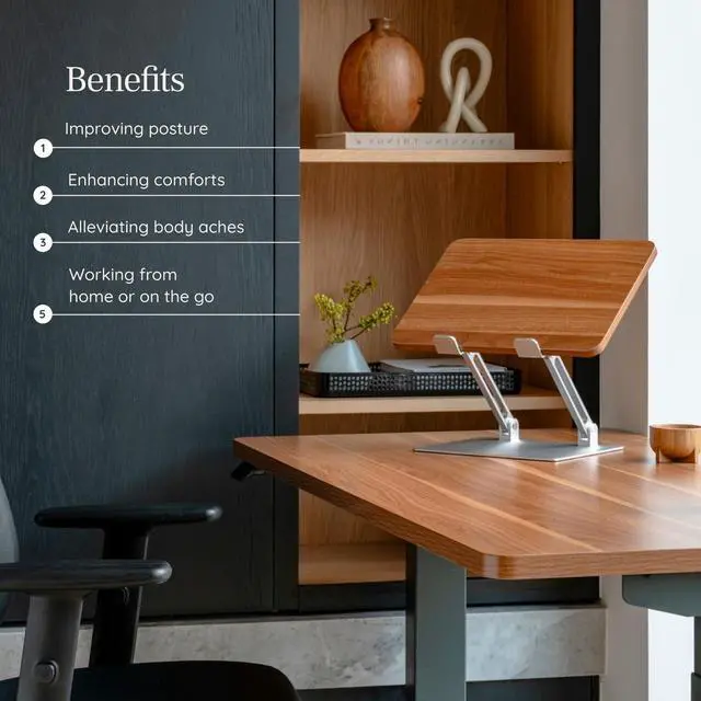Alt view image 6 of 6 - Adjustable Laptop Stand - Portable Wooden Laptop Riser with Customizable Height & Angle - Foldable - Secure Silicon Grips for Home or Office - Woodgrain