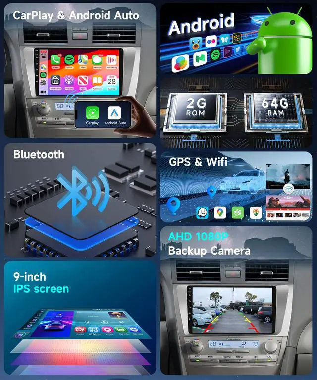 Alt view image 3 of 6 - 2G+64G Car Radio for Toyota Camry 2006-2011 Stereo 9 inch HD IPS Touch Screen Android Head Unit Built-in DSP Wireless CarPlay Android Auto Bluetooth GPS WiFi DVR SWC Backup Camera