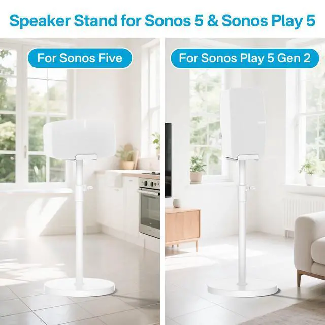 Alt view image 2 of 6 - Height Adjustable Speaker Stand for Sonos Five & Play 5 Speaker Support Vertical & Horizontal - Heavy-Duty Floor Stand for Sonos Play 5 Gen 2 and Sonos Five with Cable Management, White