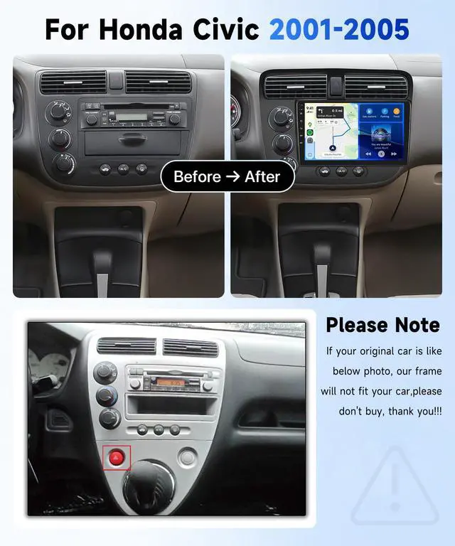 Alt view image 2 of 6 - 8Core 4G+64G Car Stereo for Honda Civic 2001-2005, Qualcomm Snapdragon Chip, Wireless CarPlay Android Auto, 9" IPS Touchscreen Radio for Civic, GPS+5GWiFi, Bluetooth, Backup Camera