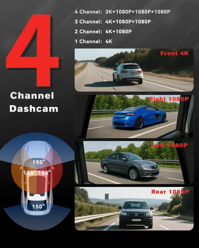 Alt view image 2 of 6 - CATCATCH 4 Channel Dash Cam 360° View,4K Front and Rear Dash Camera for Cars,WDR Night Vision,Smart Voice Control,Built-in WiFi&GPS,G-Sensor,24H Parking Mode,Free 64GB SD Card,Suction Cup