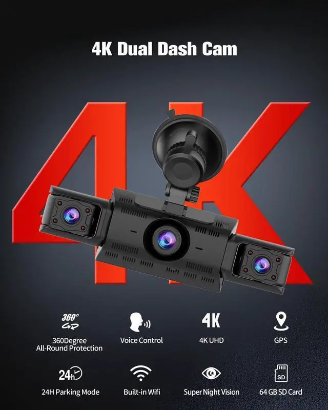 Alt view image 3 of 6 - CATCATCH 4 Channel Dash Cam 360° View,4K Front and Rear Dash Camera for Cars,WDR Night Vision,Smart Voice Control,Built-in WiFi&GPS,G-Sensor,24H Parking Mode,Free 64GB SD Card,Suction Cup
