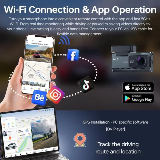 Alt view image 4 of 6 - 4K+2K Dash Cam Front and Rear, 5G WiFi GPS, 32GB Card Included, 3.39" Screen Dual Dashcam, G-Sensor, 24H Parking Mode, WDR, Dash Camera for Cars