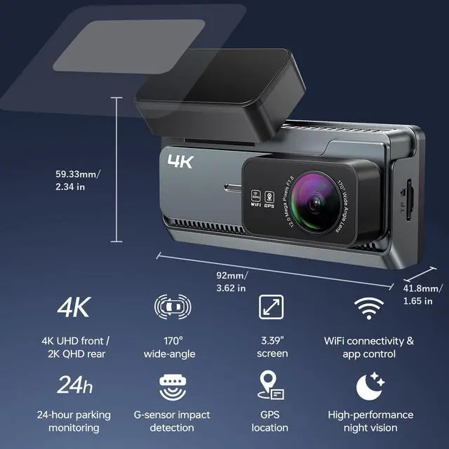 Alt view image 6 of 6 - 4K+2K Dash Cam Front and Rear, 5G WiFi GPS, 32GB Card Included, 3.39" Screen Dual Dashcam, G-Sensor, 24H Parking Mode, WDR, Dash Camera for Cars