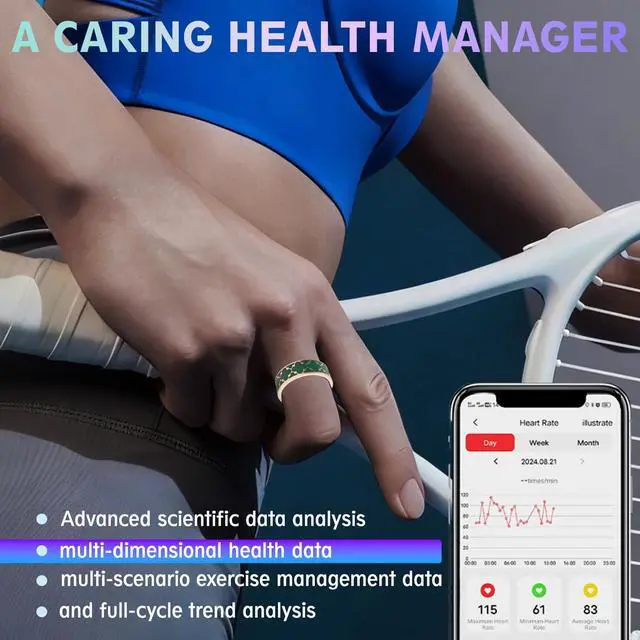 Alt view image 4 of 6 - Smart Health Ring for Women & Men,Fitness Tracker Ring,with Heart Rate,Sleep,Blood Oxygen, BloodPressure,HRV & Cycles,IP68 Waterproof,iOS/Android, No Subscription.(Green, 10)