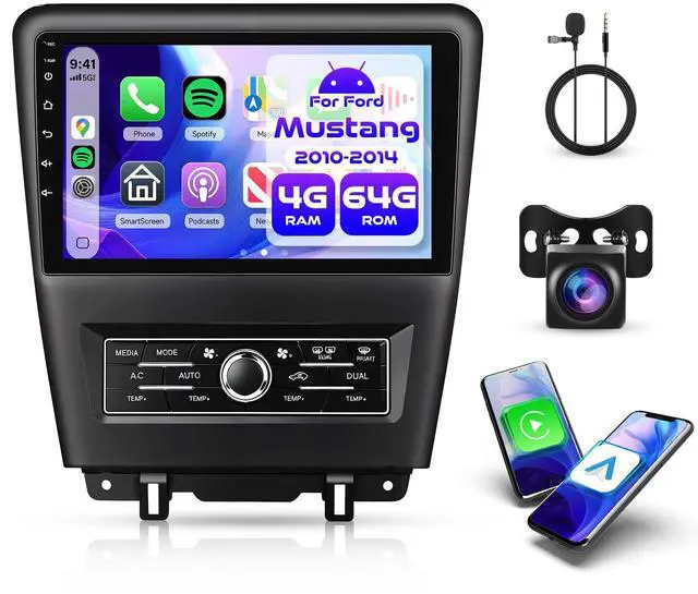 Main image of 4G+64G Android Car Stereo Radio for Ford Mustang 2010-2014 with Wireless Carplay Android Auto, 9'' Touchscreen Head Unit with GPS Navigation Bluetooth 5G-WiFi FM/RDS EQ-32 Backup Camera SWC