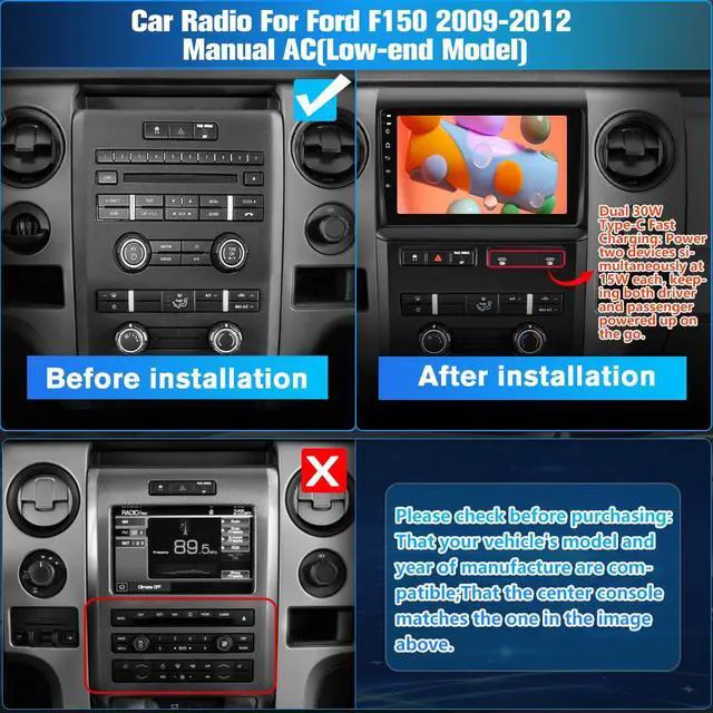 Alt view image 2 of 6 - Android 13 2GB+64GB Car Radio Stereo for Ford F150 2009-2012 Manual AC(Low-end Model), with Wireless Carplay & Android Auto/Mirror Link/WiFi/FM/Rear Camera, Support SWC/Bluetooth