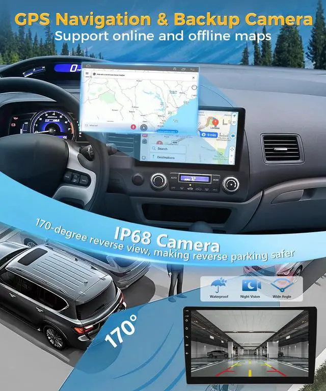 Alt view image 4 of 6 - 8 Core 2+64G Car Stereo for Honda Civic 2006 2007 2008 2009 2010 2011 Radio Apple Carplay Android Auto,10.1" Touch Screen for Civic Head Unit GPS Navi,5G WiFi,FM RDS EQ HiFi,SWC,Backup Camera