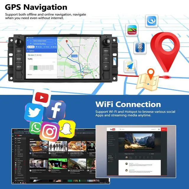 Alt view image 4 of 6 - 2G+64G Car Stereo Radio for Jeep Wrangler JK Grand Cherokee Compass Dodge Charger Ram 1500 with Wireless CarPlay Android Auto 7'' Android Touch Screen Car Radio with GPS Bluetooth WiFi Backup Camera